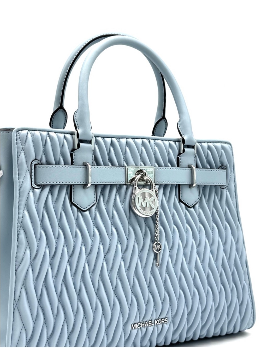 Michael Kors Hamilton Medium Matelassé Satchel Bag Pale Ocean - Picture 4 of 10